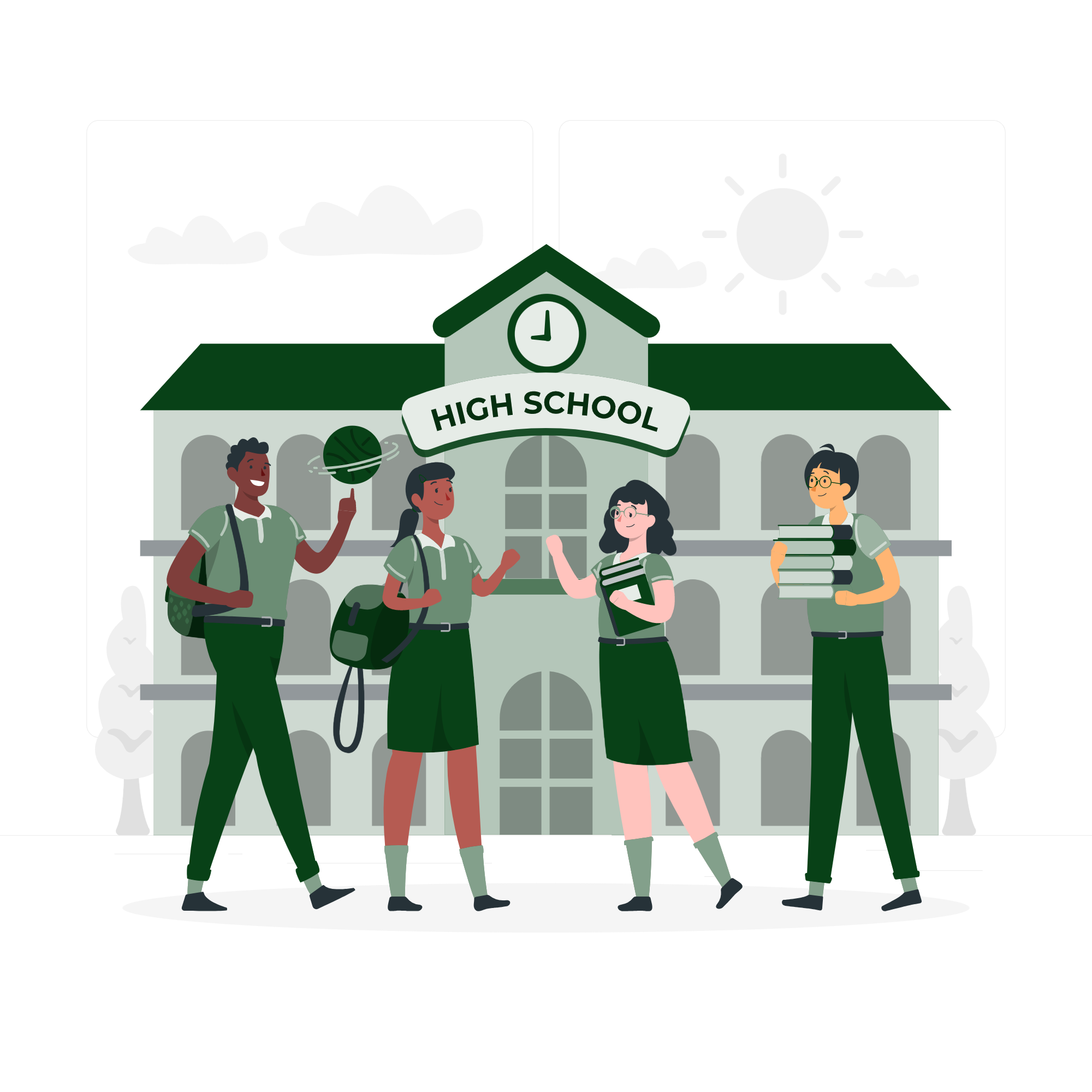 Alunos parados na frente da escola.